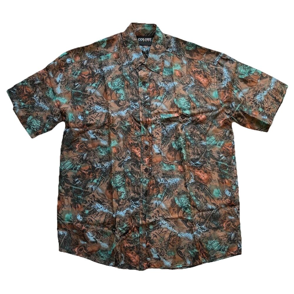 VTG 80s Colore Italia 100% Silk Shirt Button Down Short Sleeve Shirt Mens S 90s